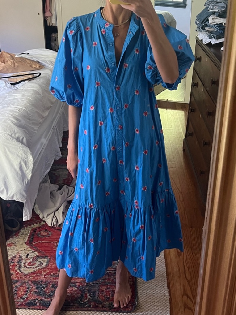 Zara Blue Midi Dress with Pink Floral Embroidery